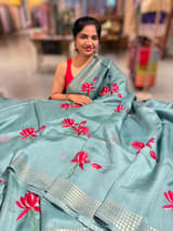 Teal pure handloom tussar byloom saree with lotus embroidered bunch motifs SS50461