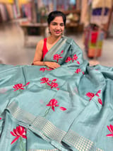 Teal pure handloom tussar byloom saree with lotus embroidered bunch motifs SS50461