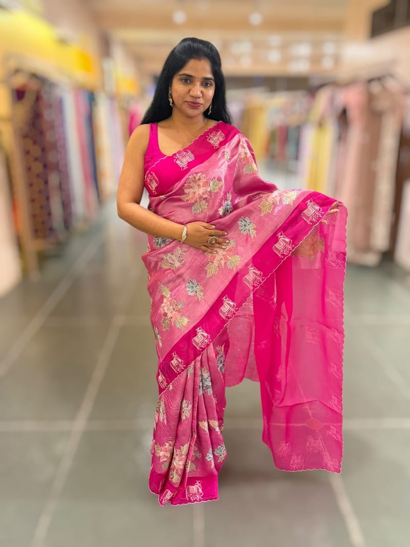 Fushcia Pink  Premium Handloom Designer Tissue saree with exquisite embroidery