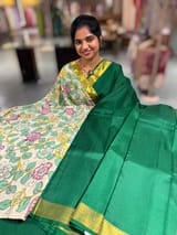 Emerald Green vintage Kanchipuram silk saree with 2inch borders paired with pen kalamkari blouse SS50178