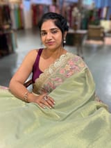 Light Apple Green Tissue Gorgette Saree With Petite Point Embroidered Border SS50436