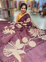 Dark Wine Designer Organza with Tissue applique work