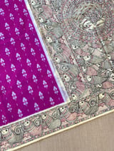 Majenta Ikkath patola saree with madhubani hand painting
