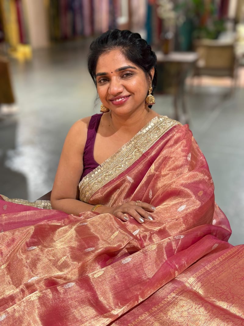 Pink Pure handloom Banarasi Tissue saree hemlined with Sabhyasachi style fringe laces .SS50431