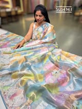 Powder Blue Printed Organza Tissue stripes saree with embroidery