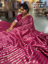 Beetroot Pink Mul tissue stripes saree with fusion blouse : D62138