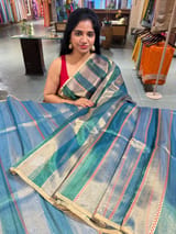 Peacock Blue Banarasi handloom tissue stripe saree SS50387