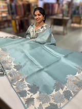 Dark Powder Blue Organza Saree with Stunning Leaf Embroidered Border SS50314