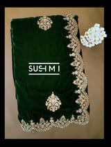 Bottle Green Micro Velvet Saree with heavy handwork