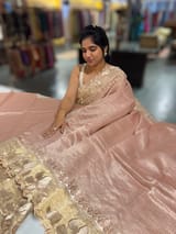 Nude/ Dusty Pink Mul Tissue Stripes Saree With Tissue Cutwork  Border & Blouse