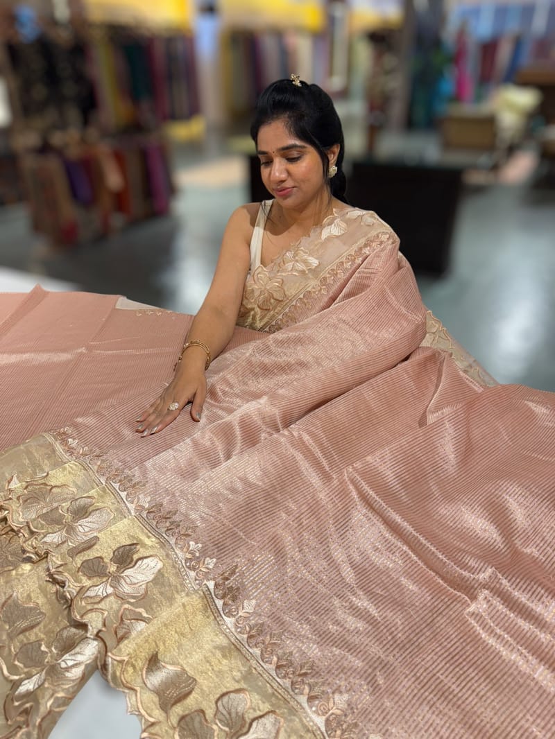 Nude/ Dusty Pink Mul Tissue Stripes Saree With Tissue Cutwork  Border & Blouse