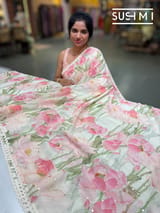 Ivory printed georgette saree with handwork : S62F198