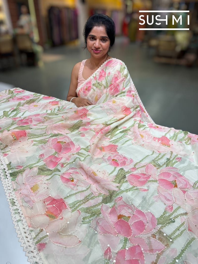 Ivory printed georgette saree with handwork : S62F198