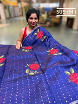 Purplish Blue muslin tissue stripes saree with hibuscus emb