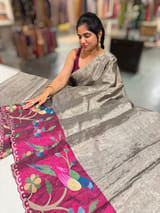 Greyish Silver Chanderi Tissue Saree with pythani inspired parrot embroidered border SS50230