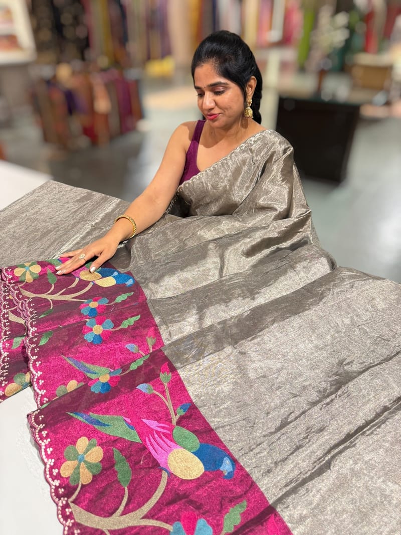 Greyish Silver Chanderi Tissue Saree with pythani inspired parrot embroidered border SS50230