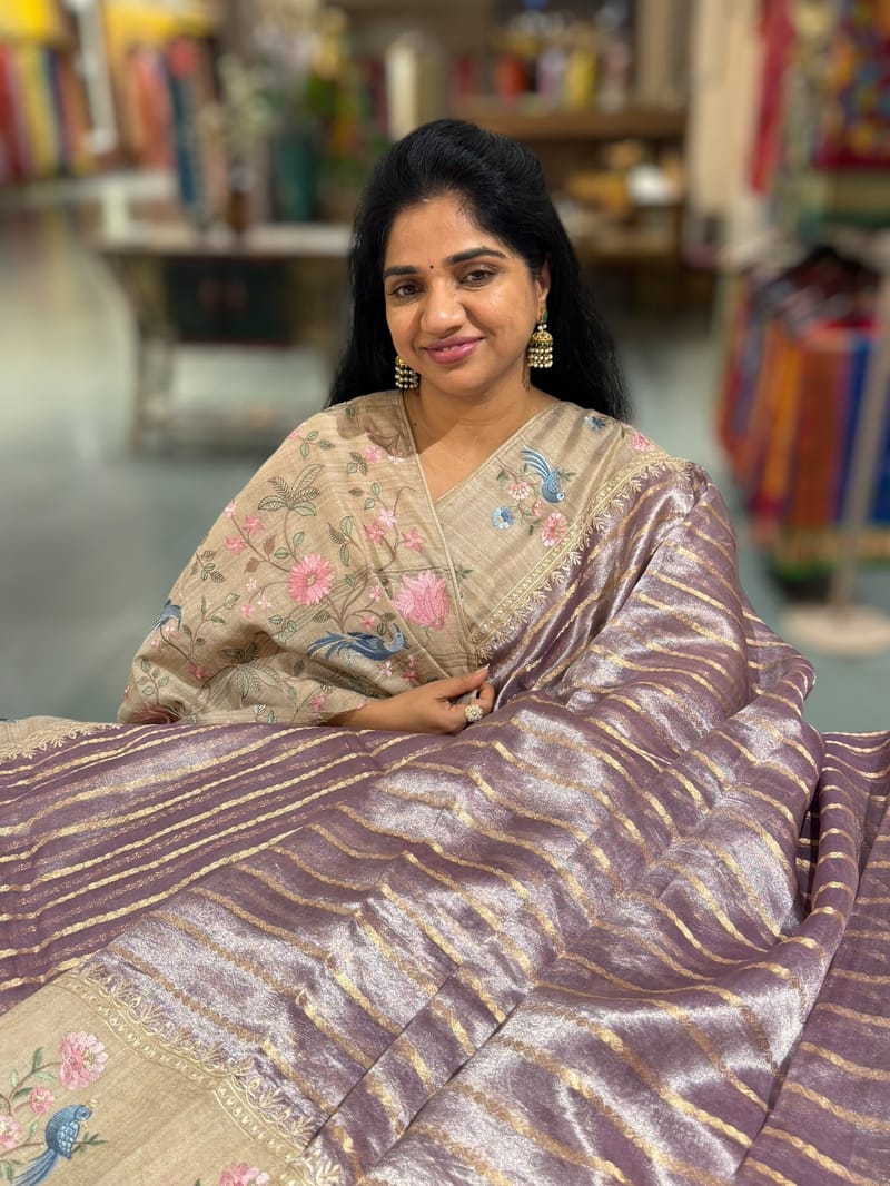 Mauve Pure Handloom Tissue Saree with pure Tussar embroidered border SS50235
