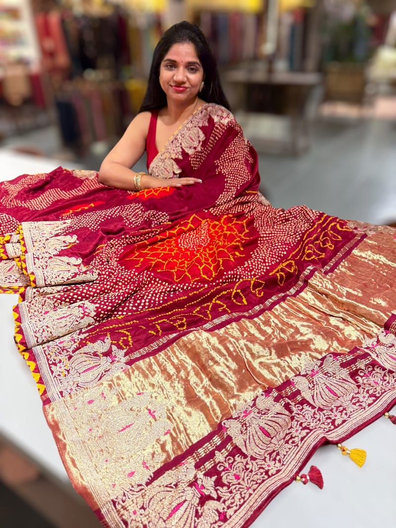 Burgundy Designer Rai Bandhej Saree With Embroidered Border SS50486