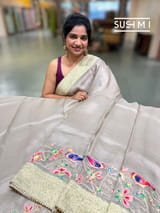 Muted Earthy Dove tone Organza Banarasi Fusion Saree with Bird Appliqué