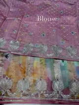 Dusty Pink Printed Organza Tissue stripes saree with embroidery