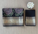 Black Pure Handloom Chiniya Silk Saree with stunning Floral Print and zari borders SS50100