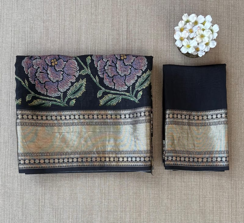 Black Pure Handloom Chiniya Silk Saree with stunning Floral Print and zari borders SS50100