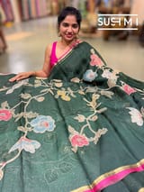 Bottle Green Designer Organza with Tissue applique work : S62F098