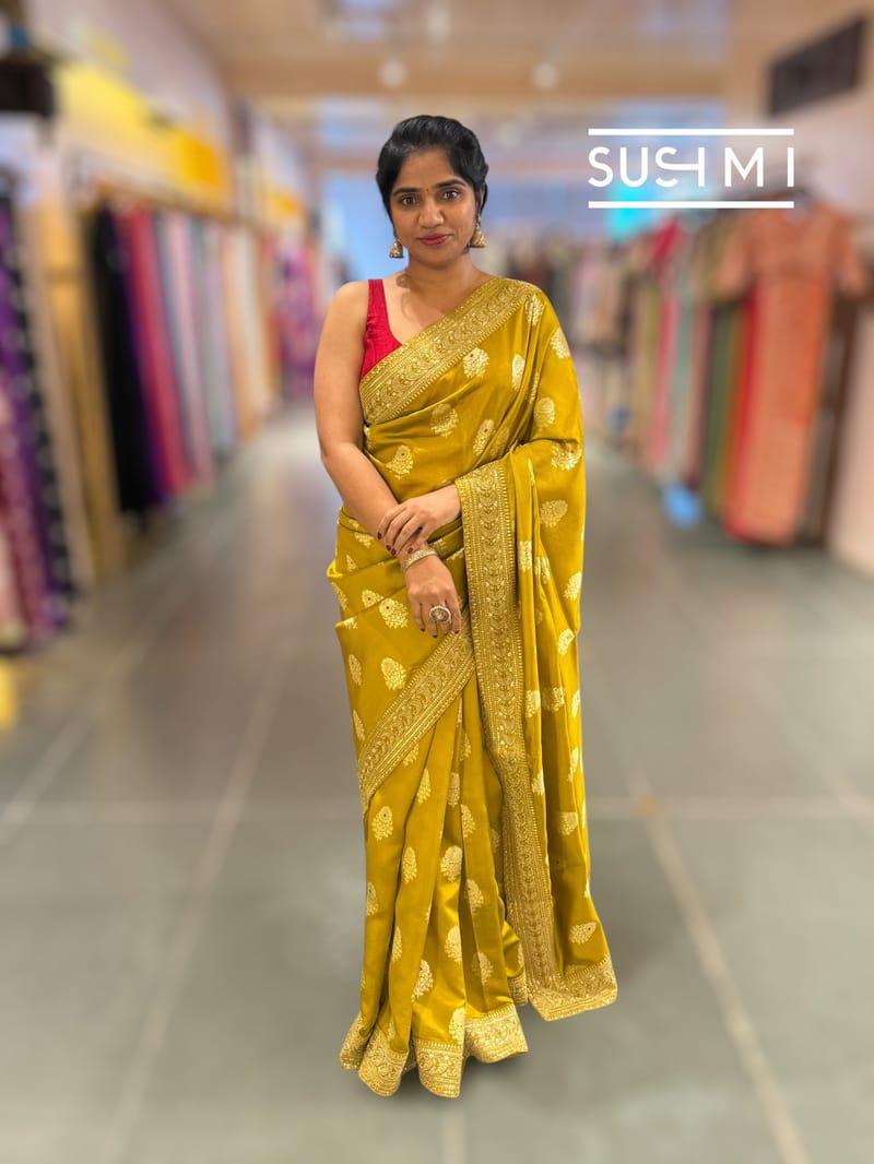 Olive Gold Pink Designer Banarasi Silk Saree