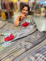 Navy Tussar Brocade Saree With Statement Red Rose Embroidery. SS50468