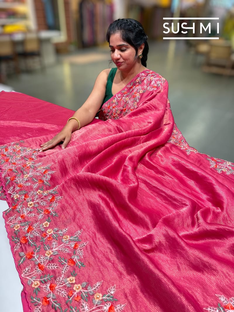 Ruby Pink Banarasi Jute Tissue stripes saree DSCL042