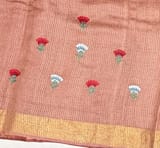 Rust Tussar Brocade Saree With Statement Red Rose Embroidery. SS50470