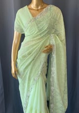 Sea Green Georgette saree with allover Chikankari