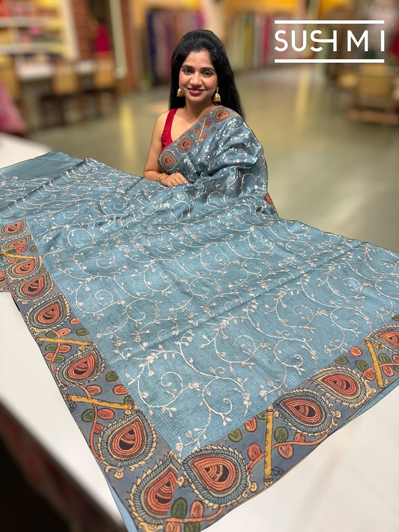 Dusty blue Silk kota and pen kalamkari fusion saree with pita emb