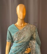 Peacock Blue Pure Organza heavy allover Handwork Saree