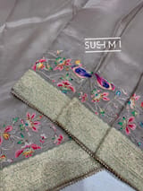Muted Earthy Dove tone Organza Banarasi Fusion Saree with Bird Appliqué
