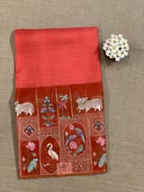 Reddish Orange Kora-Tussar blend Handloom Saree with Tissue embroidered Skirt Border