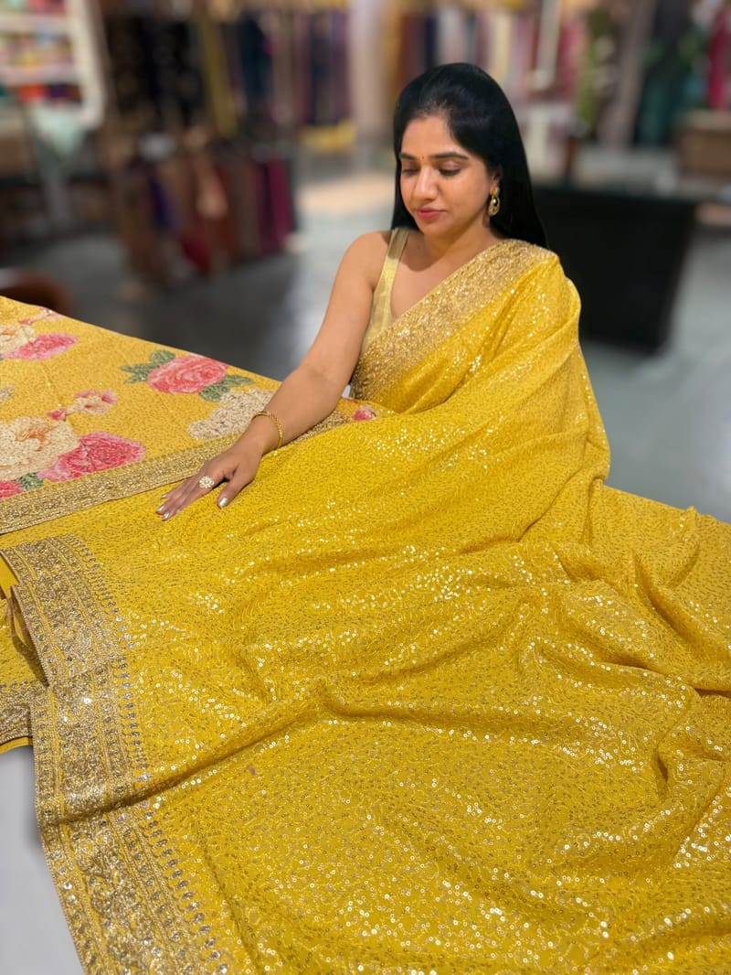 Yellow Georgette Sequence saree with sabhyasachi borders and printed blouse SS50512