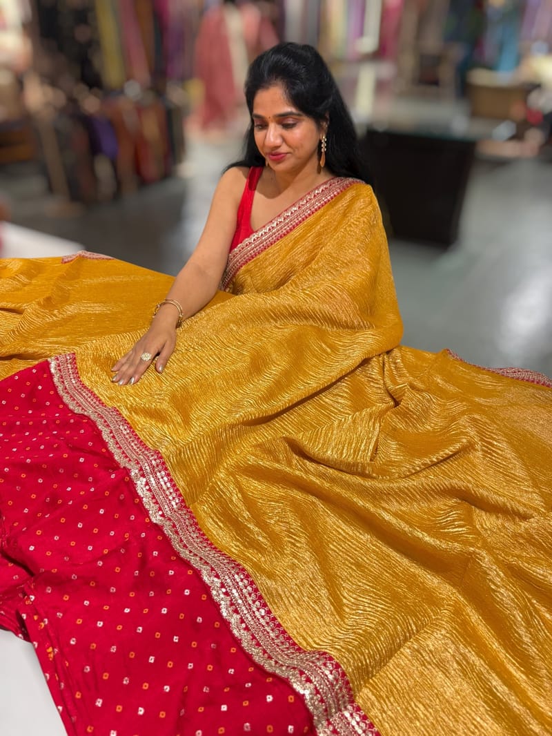 Yellow Pure Handloom Crush Tissue Saree with Bandhini Silk skirt borders & Sabhya borders