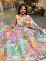 Lilac Printed Organza Tissue stripes saree with embroidery