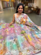 Lilac Printed Organza Tissue stripes saree with embroidery