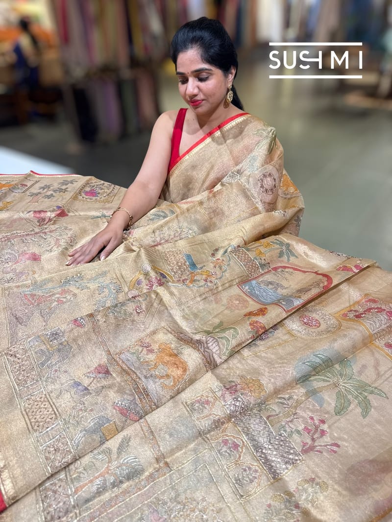 Gold Banarasi printed Tissue saree with handwork D62F058