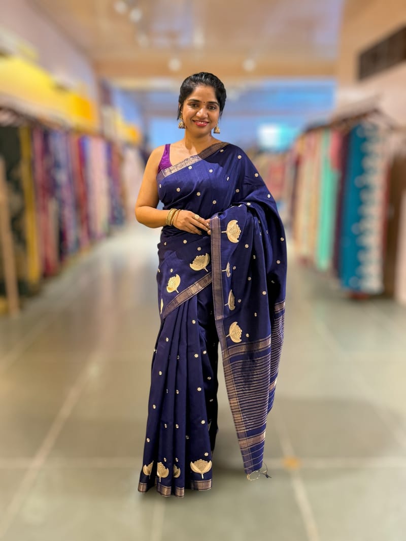 Navy Blue Pure Handloom Raw Silk Saree SS50495