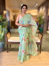 Mint Floral Printed Organza Saree With Chantilly Lace Style Embroidered Border.