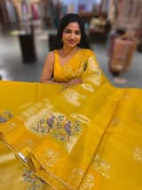 Mango Yellow Premium Handloom Designer Tissue saree with exquisite embroidery