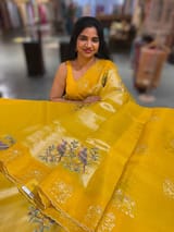 Mango Yellow Premium Handloom Designer Tissue saree with exquisite embroidery