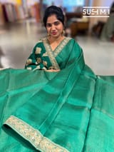 Emerald Green Organza Saree with sabhyasachi borders S62117