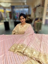 Lilac Pink Mul Tissue Stripes Saree With Tissue Cutwork  Border & Blouse