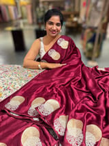 Maroon Pure Satin Saree with embroidered border and blouse