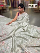 Mint mul tissue Saree with handcrafted floral border