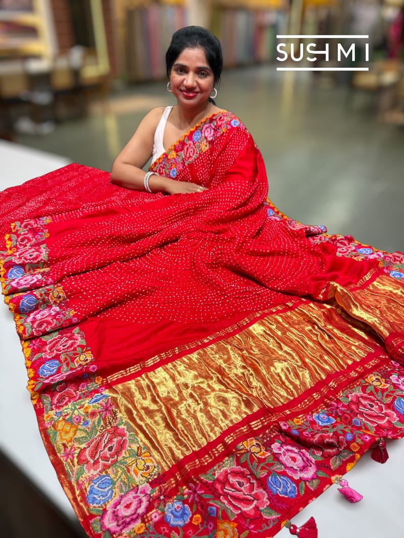 Chilli Red Pure Gajji Silk Rai bandhej Saree with petite point embroidery